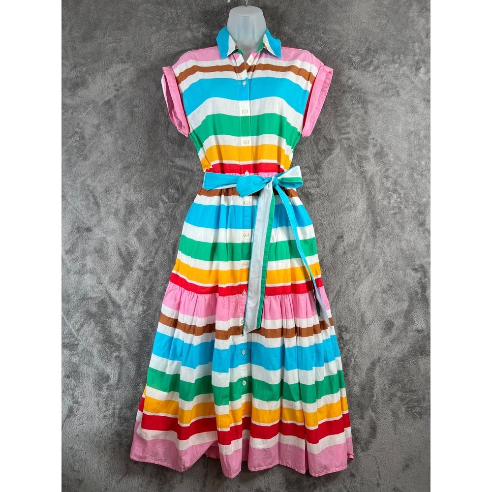 J. Crew Rainbow Stripe Shirt Dress Size 0 Tiered Midi Cotton Pockets Resort